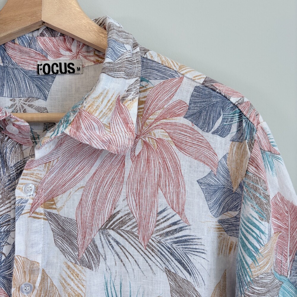 FOCUS 100% Linen Button Down Pocket Italy Tropical Hawaiian Shirt Men's Large